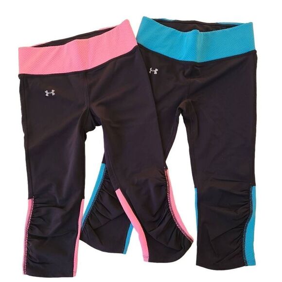 Under Armour Women's Pair UA Fly-By Compression Pink & Blue Capri Leggings Small - Picture 1 of 15